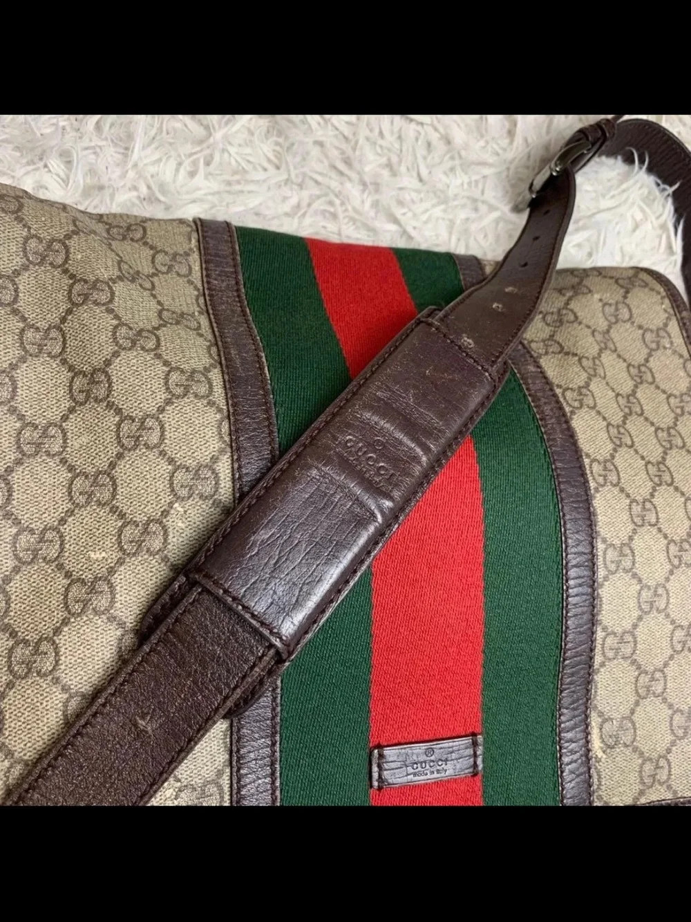 Gucci Brown Monogram Messenger Bag with Red & Green Center Stripe